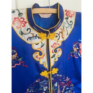 Vintage Chinese Silk Blue Floral Hand Embroidered Kimono Dress Sz Small - READ